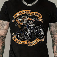 Large Size Men's Motorcycle Old Man Pattern Printed T-shirt, Elastic Short Sleeved Round Neck Top, Summer Fashion Trend Clothing, Suitable For Tall And Strong Men, Hot Selling Gift