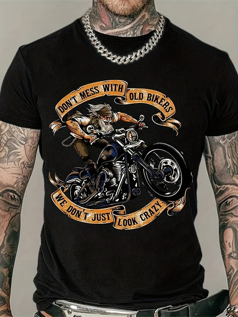 Large Size Men's Motorcycle Old Man Pattern Printed T-shirt, Elastic Short Sleeved Round Neck Top, Summer Fashion Trend Clothing, Suitable For Tall And Strong Men, Hot Selling Gift